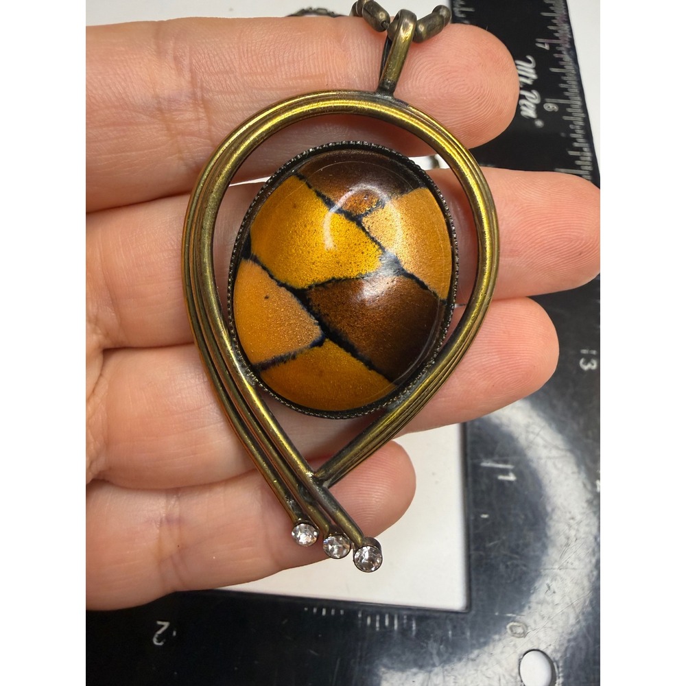 Antiqued Brass Tone Crackle Amber Cabochon Rhinestone Statement Pendant Necklace
